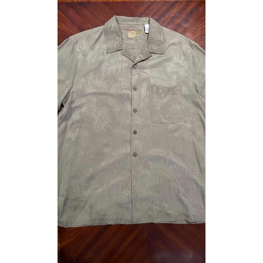 Caribbean Mens 100% silk Green‎ leaves Print vacay resort short sleeve shirt